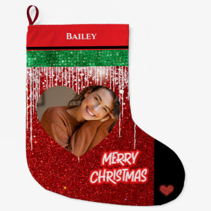 Merry Christmas Personalised Heart Photo and Name  Large Christmas Stocking