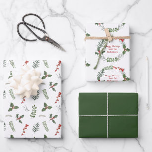 Merry Christmas Personalised Holiday Greenery Wrapping Paper Sheet