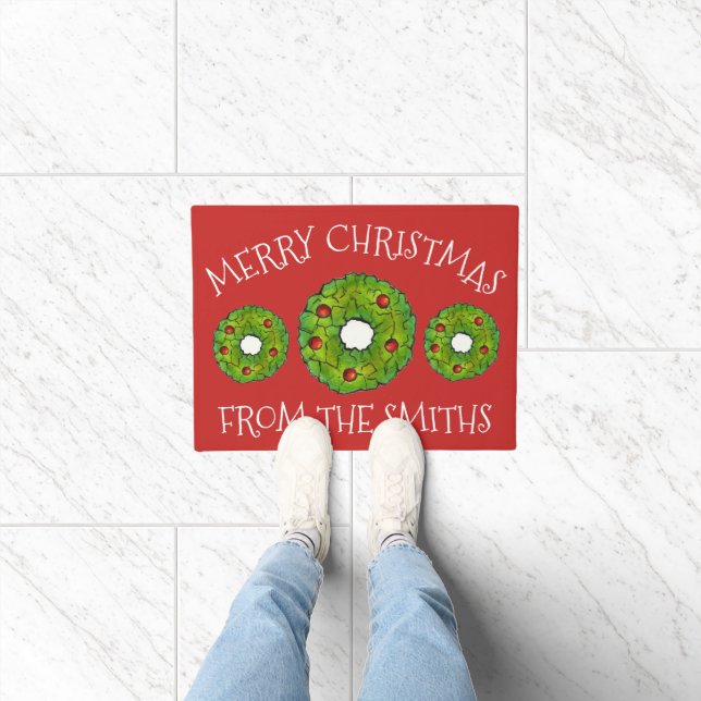 Merry Christmas Personalised Holly Wreath Holiday Doormat (Indoor)