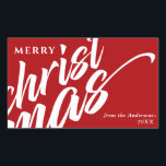 Merry Christmas Personalised Name Modern Bold Red Rectangular Sticker<br><div class="desc">Add a bold and stylish touch to your holiday gift packaging with this modern Christmas sticker featuring a vibrant red background and striking white script that reads "Merry Christmas." The oversized typography gives it a contemporary, festive feel, perfect for sealing envelopes, decorating gifts, or enhancing holiday cards. With custom text...</div>