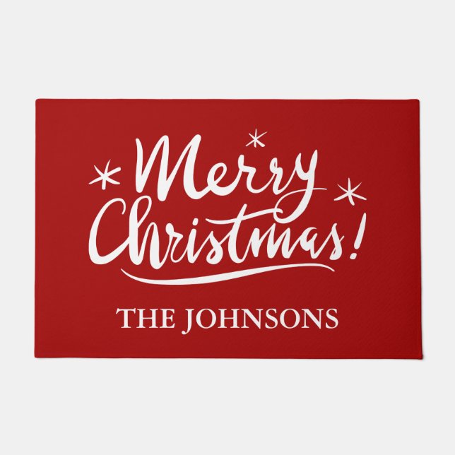Merry Christmas personalised name red Holiday Doormat (Front)