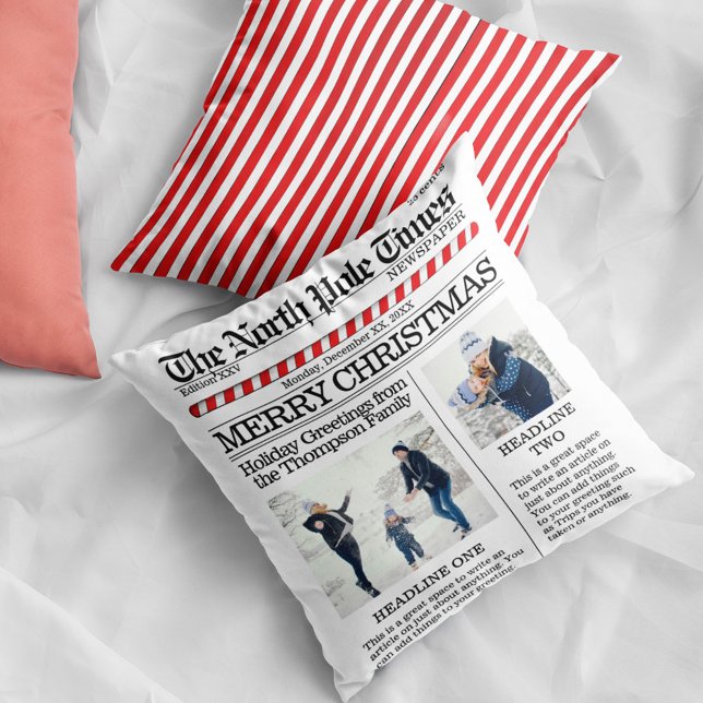 Merry Christmas Personalised Newspaper Cushion (Christmas cute whimsical newspaper print photo throw pillow.)