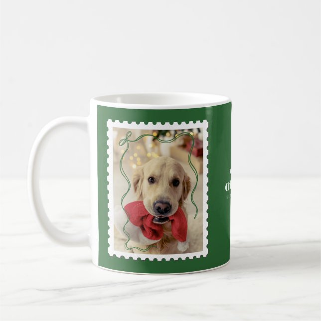 Merry Christmas Personalised Pet Photo Green Coffee Mug (Left)