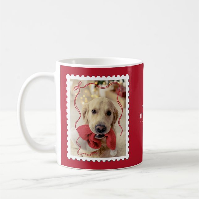 Merry Christmas Personalised Pet Photo Red White Coffee Mug (Left)