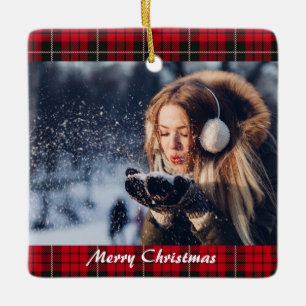 Merry Christmas Personalised Photo Buffalo Plaid Ceramic Ornament
