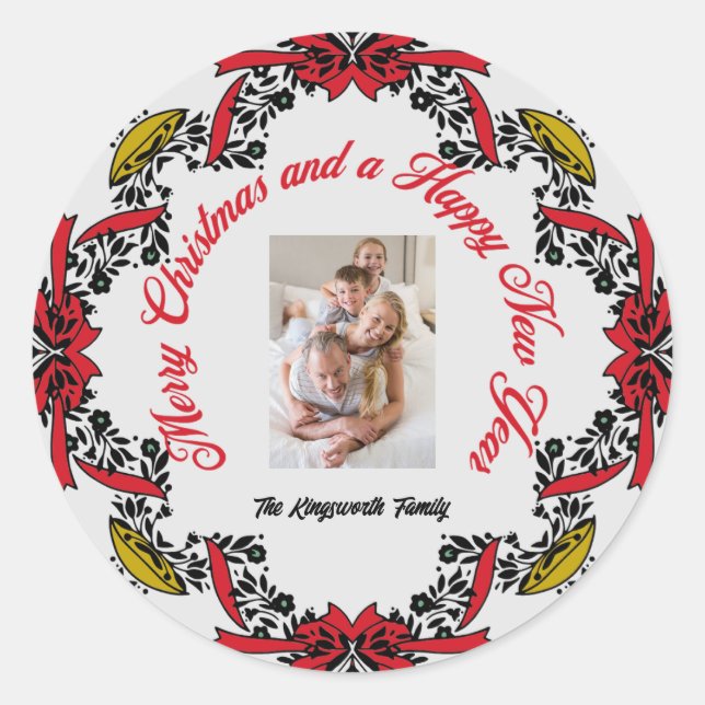 Merry Christmas personalised photo red green Classic Round Sticker (Front)