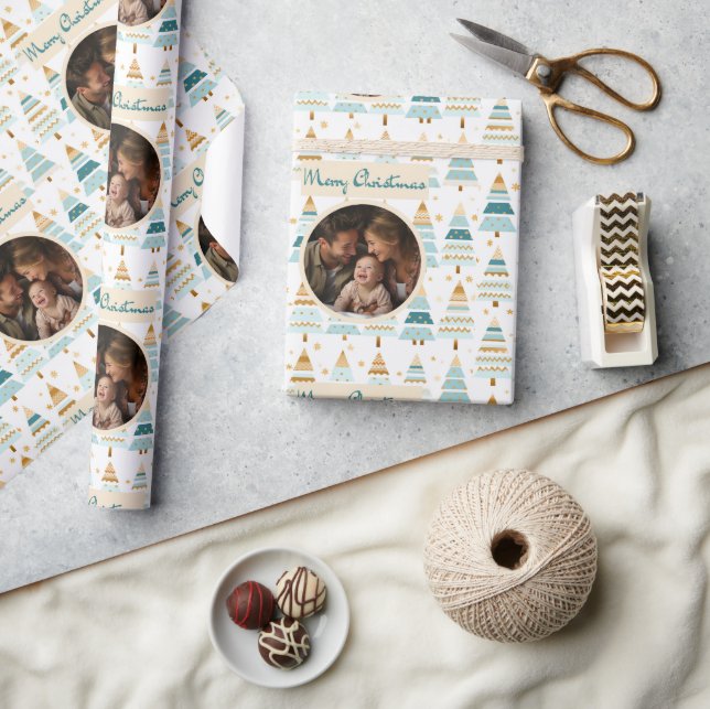 Merry Christmas Personalised Photo Trees pattern Wrapping Paper (Crafts)