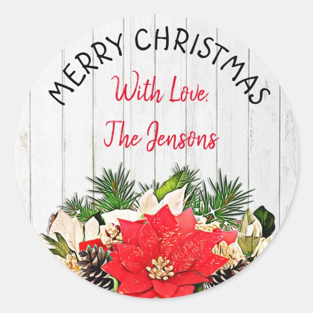 Merry Christmas Personalised Poinsettia Classic Round Sticker (Front)