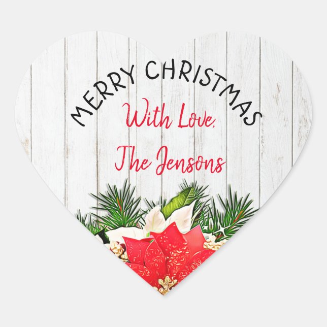 Merry Christmas Personalised Poinsettia Heart Sticker (Front)