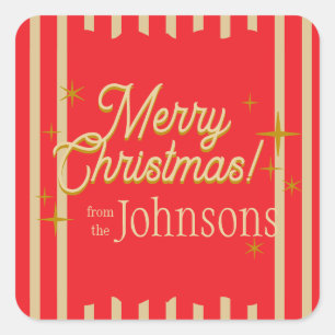 Merry Christmas Personalised Red Gold Stripe Square Sticker