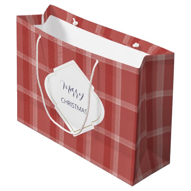 Merry Christmas Personalised Tartan Burgundy Red Large Gift Bag (Front Angled)
