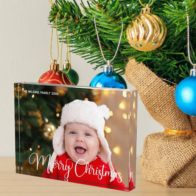 Merry Christmas Personalised White Script Baby Photo Block (Creator Uploaded)