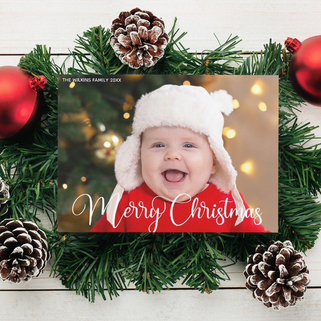 Merry Christmas Personalised White Script Photo Holiday Card (Creator Uploaded)