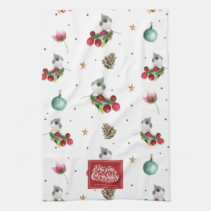 Merry Christmas Personalised Winter Bird Pattern Tea Towel