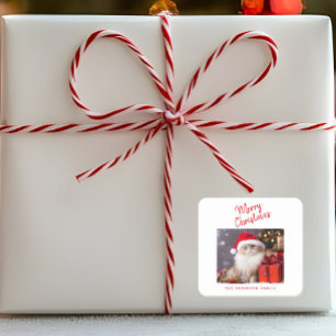 Merry Christmas Personalized Cat Photo Holiday Square Sticker
