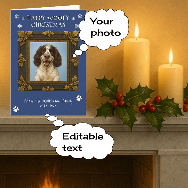 Merry Christmas pet photo navy blue Holiday Card (Customizable)