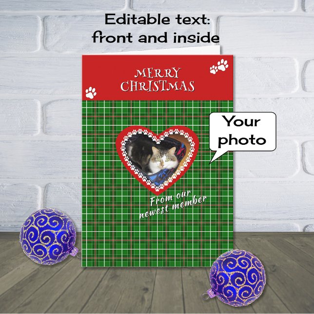 Merry Christmas pet photo red green check Holiday Card (Creator Uploaded)