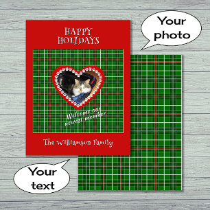 Merry Christmas pet photo red green check Holiday Card