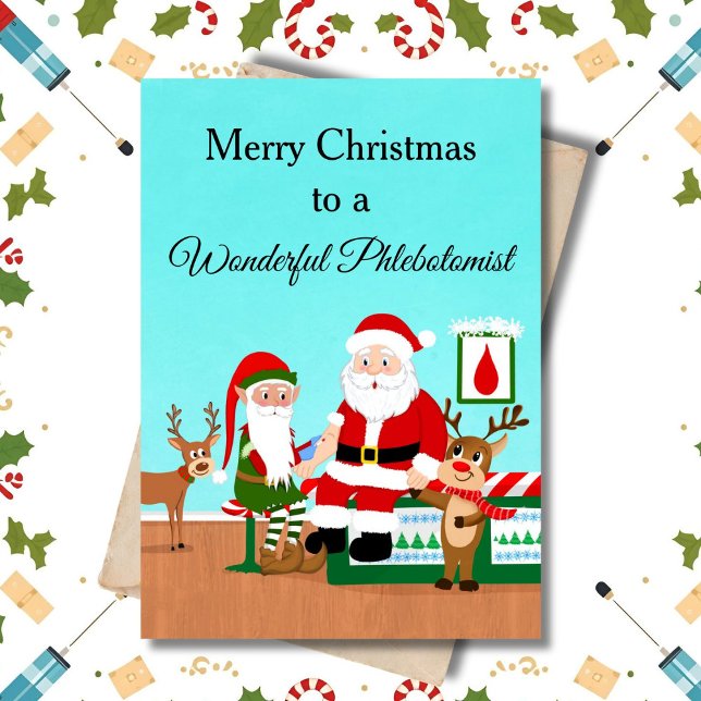 Merry Christmas Phlebotomist Santa and Reindeers Card (Creator Uploaded)