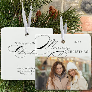Merry Christmas Photo and Elegant Calligraphy Ceramic Ornament