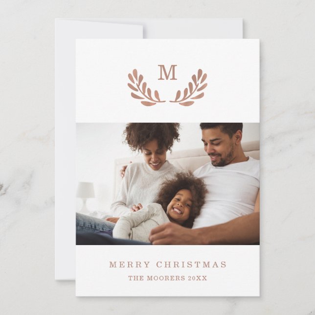 Merry Christmas | Photo and Faux Rose Gold Wreath Holiday Card (Front)