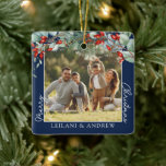 Merry Christmas Photo and Watercolor Holly Navy Ceramic Ornament<br><div class="desc">Create lasting holiday memories with our Personalised Merry Christmas Ceramic Ornament. Adorned with a watercolor holly and berries,  this square ornament allows you to customise a central photo and include names for a truly unique gift. Perfect for making your tree and Christmas even more special.</div>