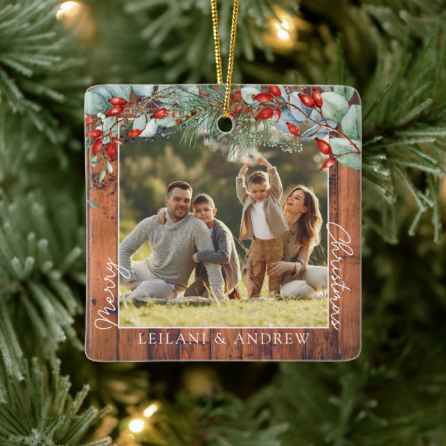 Merry Christmas Photo and Watercolor Holly Wood Ceramic Ornament (Tree)