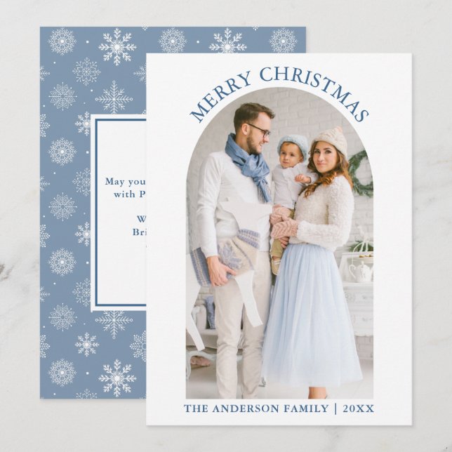 Merry Christmas Photo Arch Snowflakes Dusty Blue Holiday Card (Front/Back)