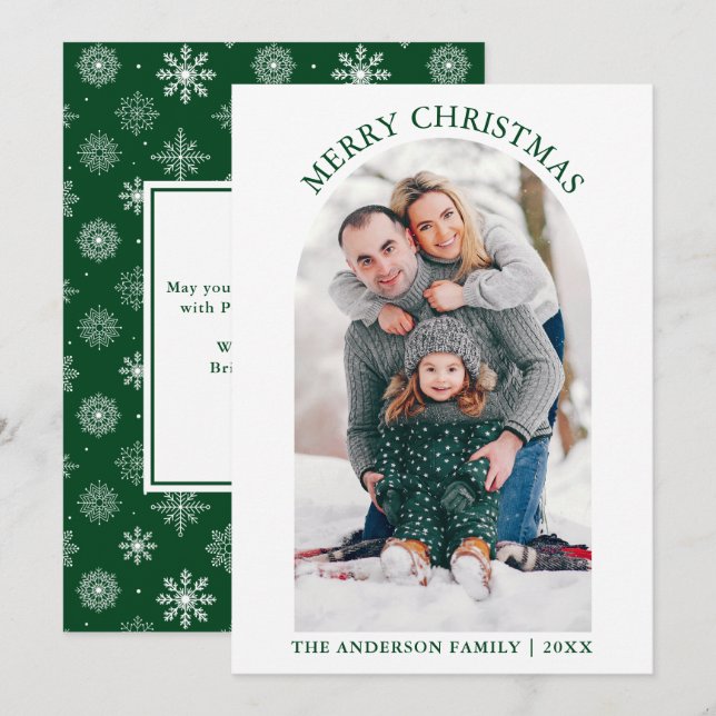 Merry Christmas Photo Arch Snowflakes Green Holiday Card (Front/Back)