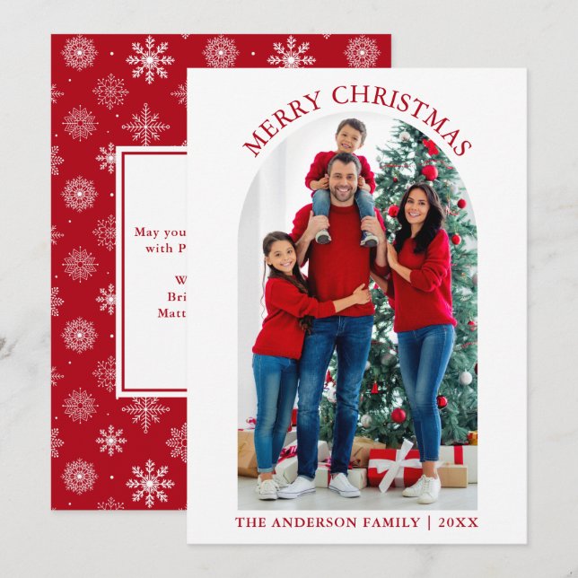 Merry Christmas Photo Arch Snowflakes Red Holiday Card (Front/Back)