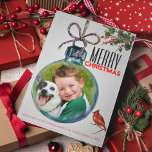 Merry Christmas Photo Bauble Unique Vintage Style Holiday Card<br><div class="desc">Bid them a Merry Christmas with unique vintage-style holiday greeting cards. Put your favorite photo inside this cute Christmas ornament photo card and add your name and the year. The photo will appear suspended inside the adorable bauble, with a little red cardinal bird on a branch and a clean crisp...</div>