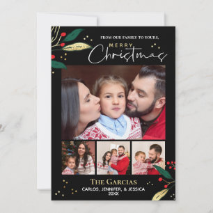 Merry Christmas Photo Black Red Gold Greenery Holiday Card