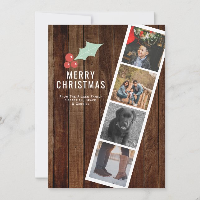Merry Christmas Photo Booth Holly And Wood Holiday Card (Front)