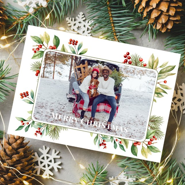 Merry Christmas Photo Botanical Holly Greenery Holiday Card (Celebrate the Holidays in style with a watercolor greenery photo card.  )