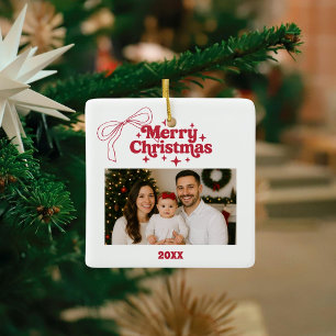 Merry Christmas photo bow red hand-drawn retro Ceramic Ornament