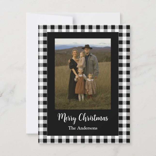 Merry Christmas Photo Buffalo Plaid Black White Holiday Card (Front)