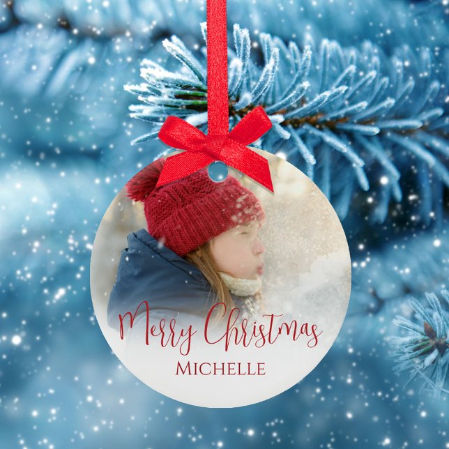 Merry Christmas Photo Calligraphy Red Green Plaid Ceramic Tree Decoration (Merry Christmas with a whimsical stylish calligraphy script ceramic circle ornament. )