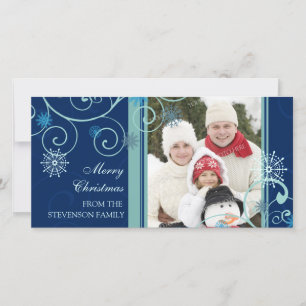 Merry Christmas Photo Card Blue Snowflakes