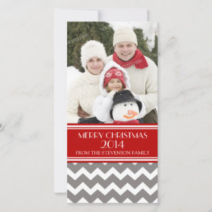 Merry Christmas Photo Card Red Grey Chevron