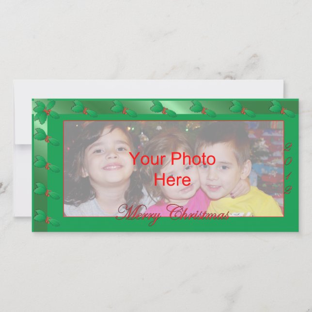 Merry Christmas Photo Card Template Green Holly (Front)
