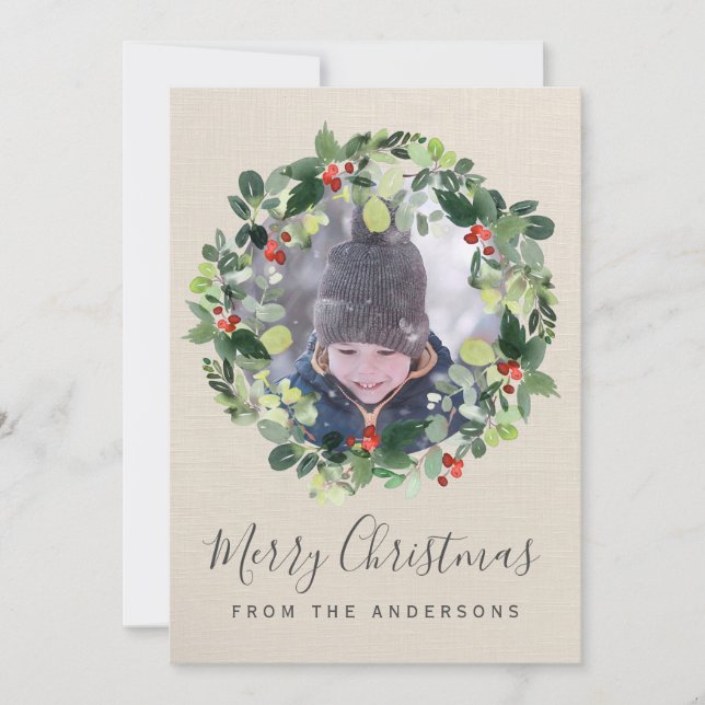 Merry Christmas Photo Card with Christmas Wreath (Front)