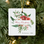 Merry Christmas Photo Ceramic Ornament<br><div class="desc">This beautiful holiday ornament features beautiful watercolor red flowers with holly berries,  pinecones,  and greenery on white background with a 'Merry Christmas' in an elegant handwritten script | calligraphy. The back of the ornament includes a photo for personalizing. Find matching items in the Holiday Red Winter Botanical Christmas Collection.</div>