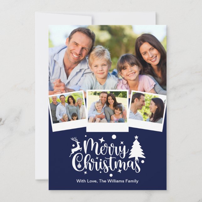 Merry Christmas Photo Christmas Navy Blue White Holiday Card (Front)