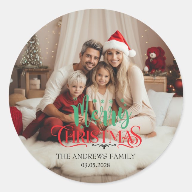 Merry Christmas Photo Classic Round Sticker (Front)