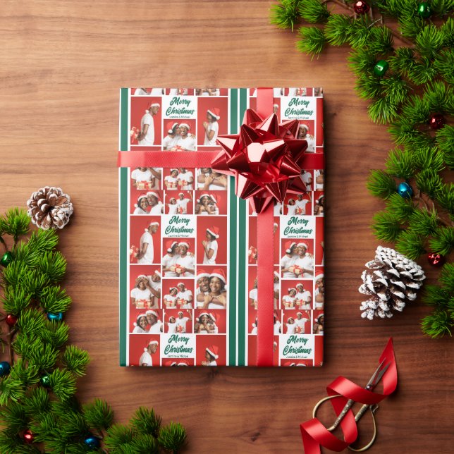 Merry Christmas Photo Collage 2025 Green Script Wrapping Paper (Holiday Gift)