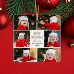 Merry Christmas Photo Collage Beautiful Custom Ceramic Ornament<br><div class="desc">This cute,  modern Merry Christmas ornament features a classy layout of 6 family photos on a white background with pretty red and green typography. This beautiful kids photo holiday decor gift features your own child's photograph collage surrounding your festive message and family name in green.</div>