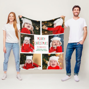 Merry Christmas Photo Collage Beautiful Red Green Fleece Blanket