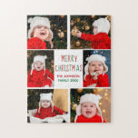 Merry Christmas Photo Collage Beautiful Red Green Jigsaw Puzzle<br><div class="desc">This cute,  modern Merry Christmas puzzle features a classy layout of 5 family photos on a white background with pretty red and green typography. This beautiful kids photo holiday gift features your own child's photograph collage surrounding your festive message and family name in green.</div>