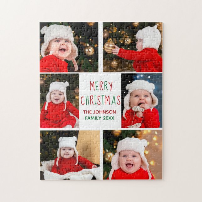 Merry Christmas Photo Collage Beautiful Red Green Jigsaw Puzzle (Vertical)