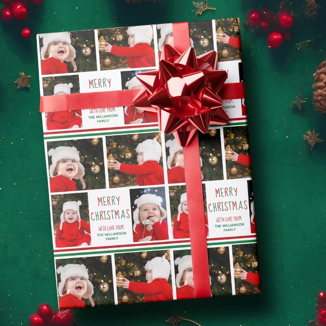 Merry Christmas Photo Collage Beautiful Red Green Wrapping Paper (Creator Uploaded)